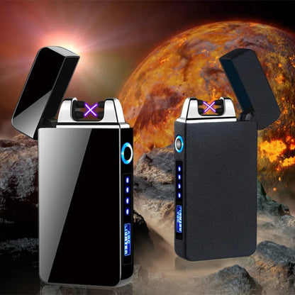 Flip-Top Dual-Arc Electric Lighter with Power Display in Three Black and Blue Color Options