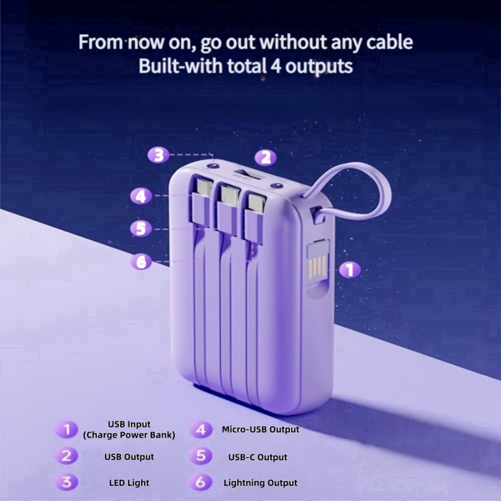 Power Bank 10000mAh Mini with Built-In Cable Set, 5W/15W/22.5W Options, Display and LED Light