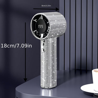 Rhinestone Handheld Fan with USB-C Charging, Digital Display, 199 Levels and Optional Beige Headset
