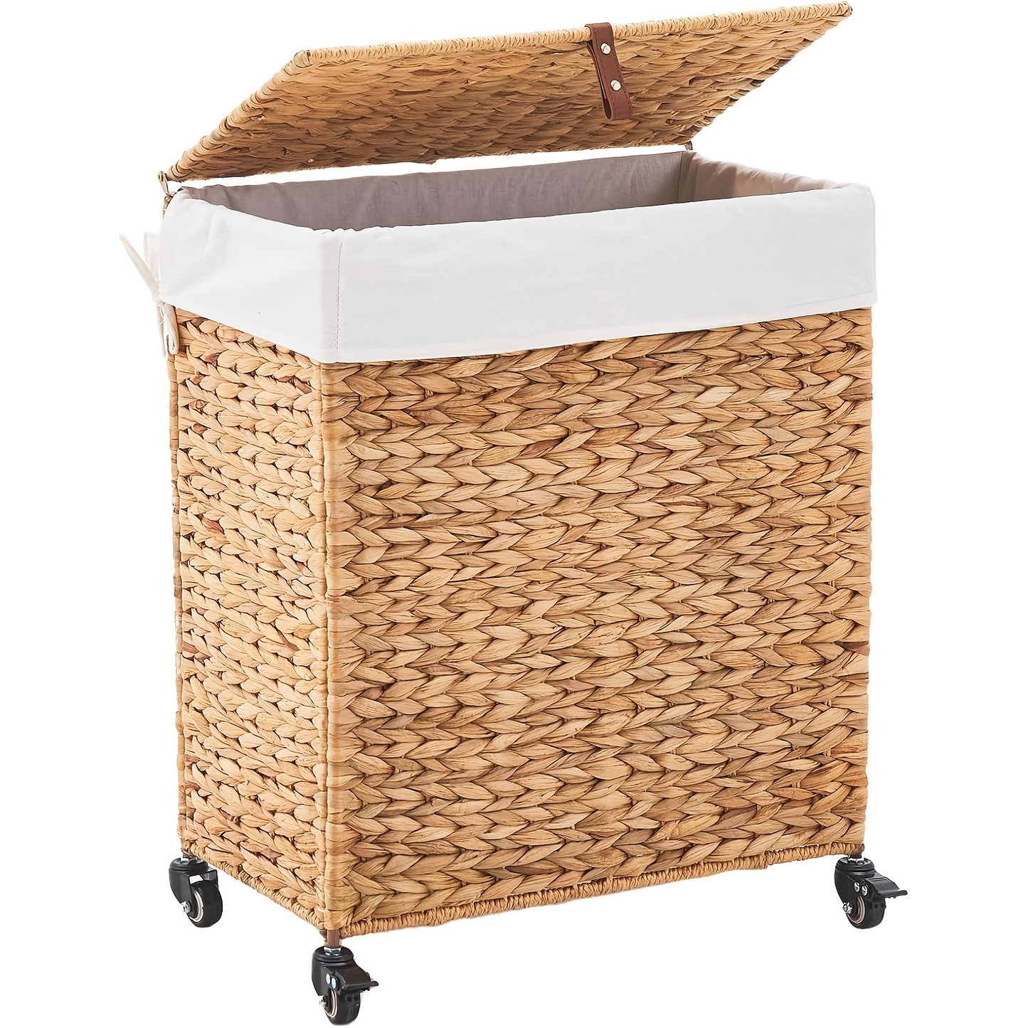 Laundry Basket with Lid & Handles - Handwoven Water Hyacinth Wicker Hamper, Removable Cotton Liner, 2 Mesh Bags, Boho Style, 9.25/17.17/25.1 Gal with Optional Casters