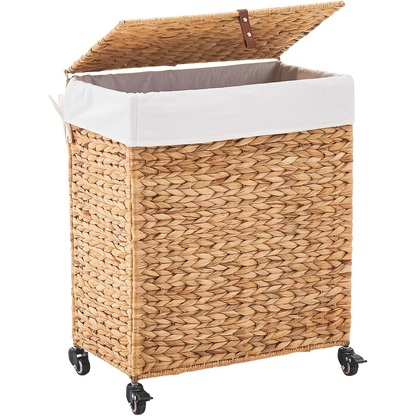 Laundry Basket with Lid & Handles - Handwoven Water Hyacinth Wicker Hamper, Removable Cotton Liner, 2 Mesh Bags, Boho Style, 9.25/17.17/25.1 Gal with Optional Casters