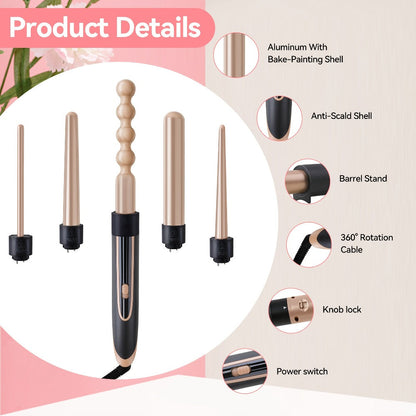 5-in-1 Curling Wand Set Ceramic Interchangeable Barrels 0.4-1.25 Inch - 30s Fast Heat Dual Voltage Auto Shut-Off Hair Curler Iron with Heat Glove for Women Long Short Hair