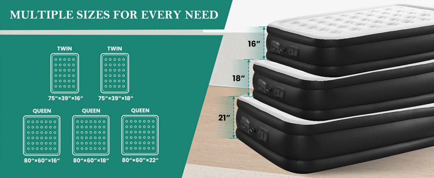 Air Mattress with Double-Height Profile and Side Inflation Panel in 75 × 39 or 80 × 60-Inch Options