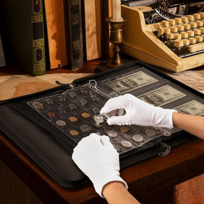 Locking Coin and Currency Collection Album with 300 Coin Pockets and 72 Bill Sleeves in a Black Carrying Case