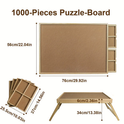 Foldable Wooden Jigsaw Puzzle Table with 4 Storage Drawers, 16 Sorting Grids and Natural-Color 1000-Piece Work Surface