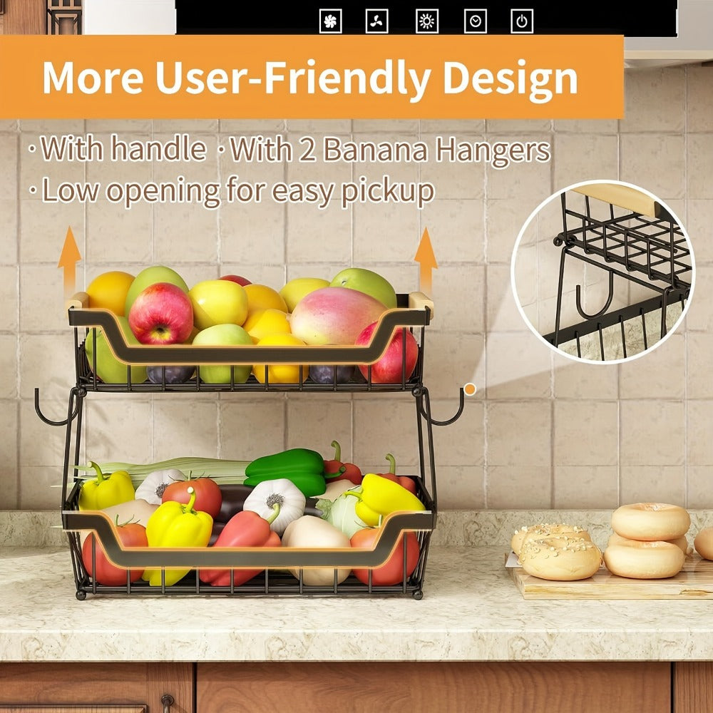 Two- or Three-Tier Black Wire Fruit Basket with Wood-Look Handle and Two Banana Hanger Hooks