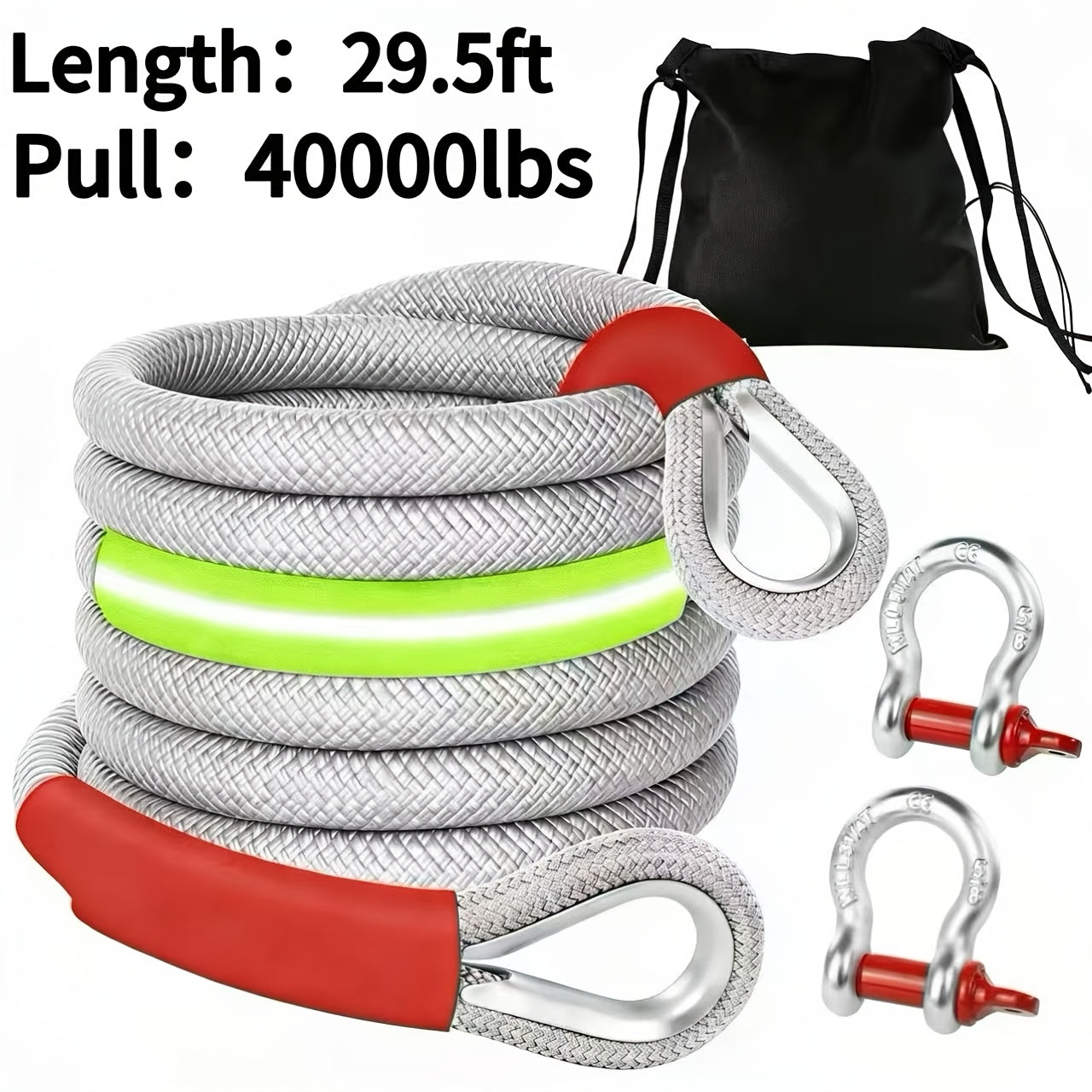 Recovery Tow Strap Heavy Duty - Up to 48000 LBS Break Strength, Kinetic Tow Rope with 2 D-Ring Shackles, Reflective Safety Flag & Storage Bag, for Truck Jeep ATV SUV UTV Off Road