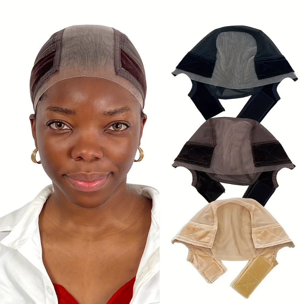 Wide Lace Wig Grip Caps, Two-Piece Set with Ear Cutouts and Adjustable Straps in Brown, Black or Beige