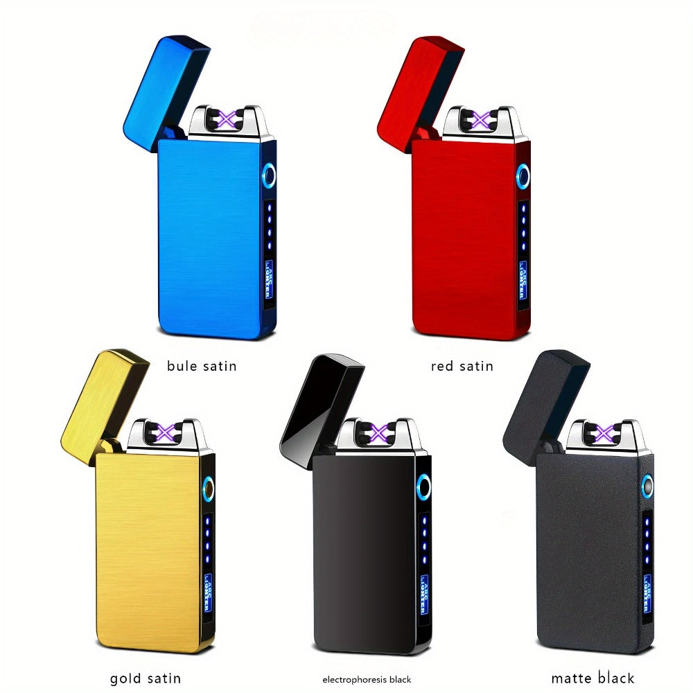 Flip-Top Dual-Arc Electric Lighter with Power Display in Three Black and Blue Color Options