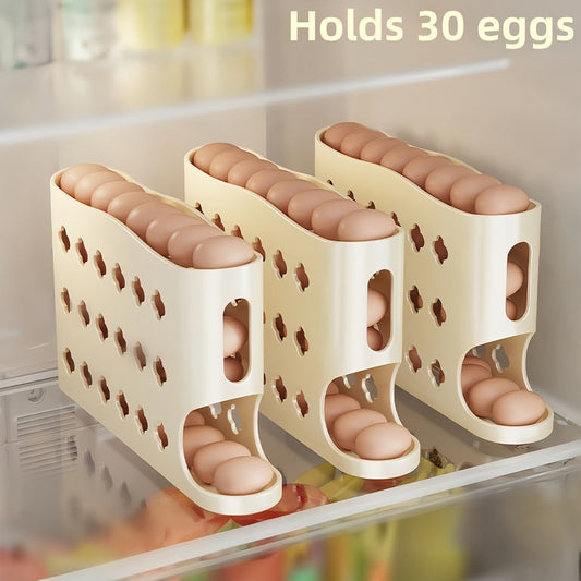 Egg Dispenser Kitchen Organizer 4-Tier Auto-Rolling PP Rack for Refrigerator, Cabinet or Countertop