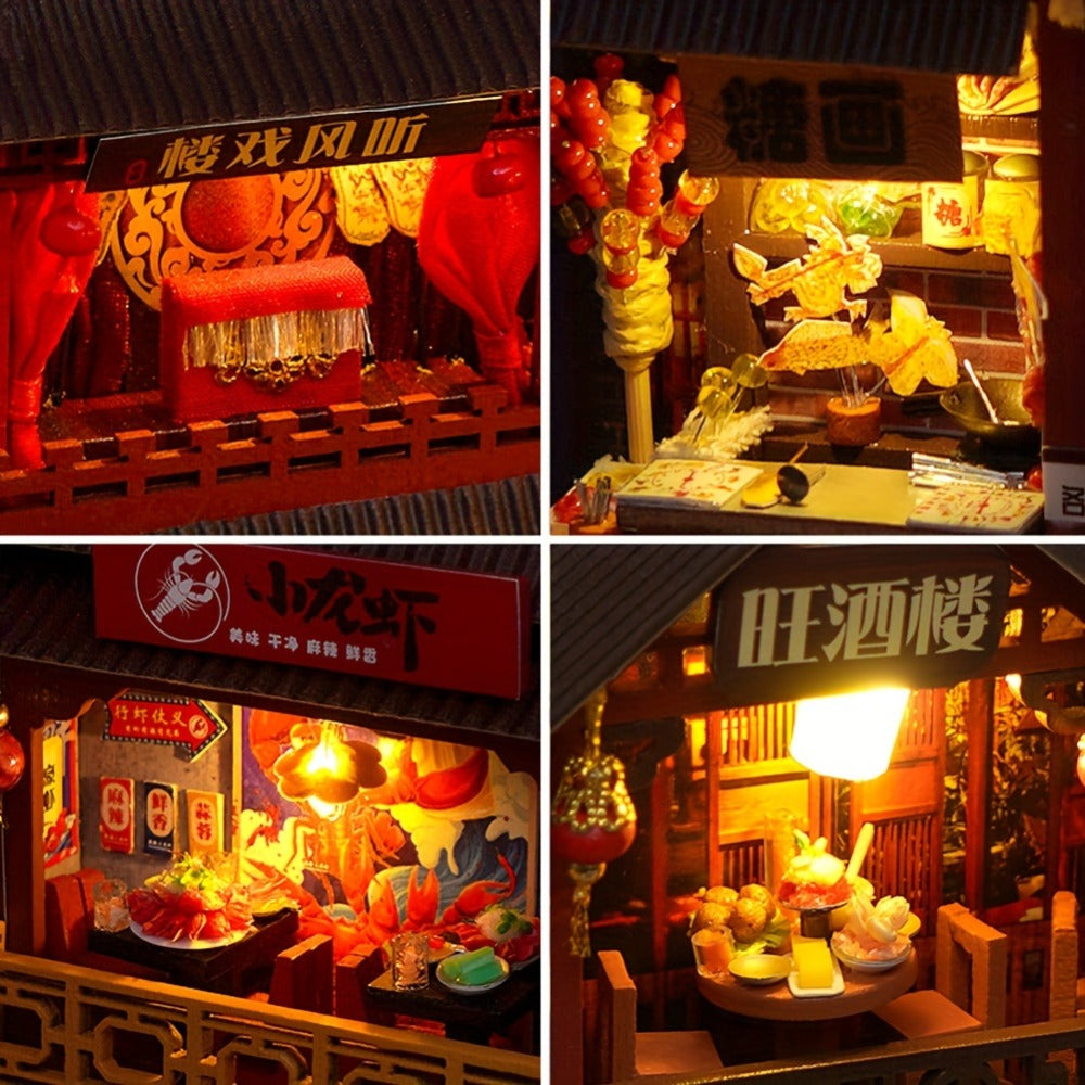 Chinese Food Street Book Nook Kit with LED-Lit Miniature Shops, Sliding Dust Cover and Wooden Shelf Insert