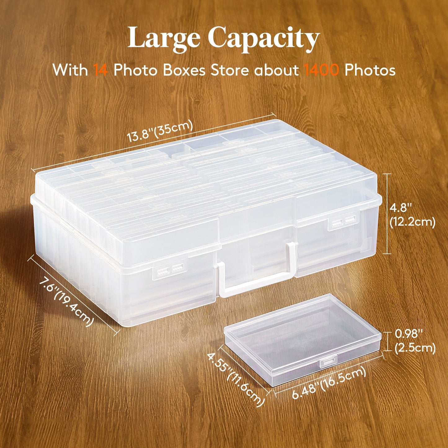 Photo Storage Box with 14 or 18 Inner Keeper Cases in Clear, Black or Multicolor Configurations