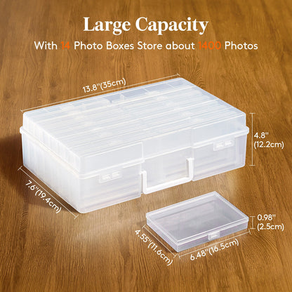 Photo Storage Box with 14 or 18 Inner Keeper Cases in Clear, Black or Multicolor Configurations