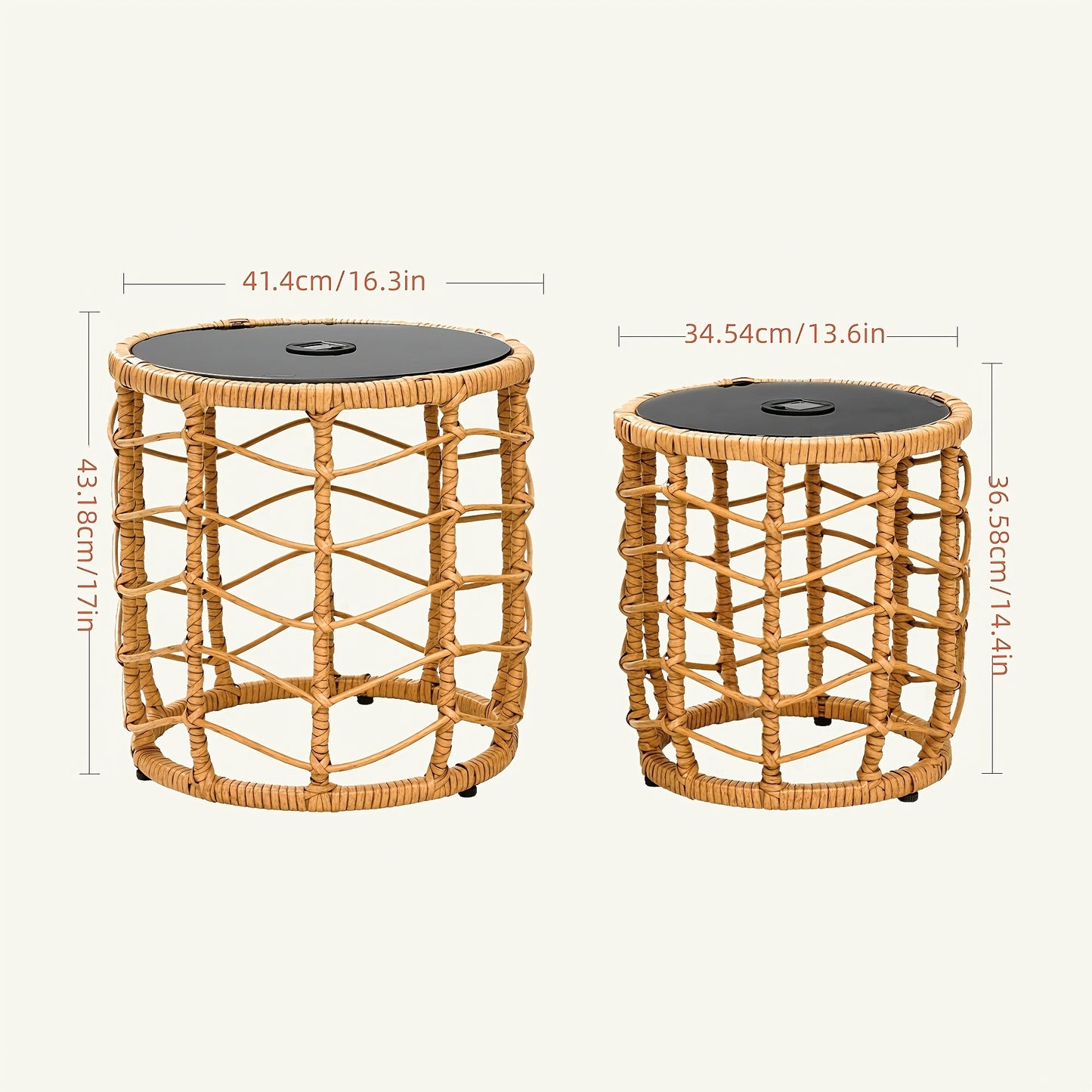 Outdoor Side Table Set of 2 Nesting PE Wicker Frames with Tempered Glass Tops for Patio or Balcony Layouts
