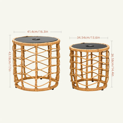 Outdoor Side Table Set of 2 Nesting PE Wicker Frames with Tempered Glass Tops for Patio or Balcony Layouts