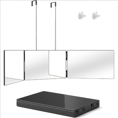 Folding 3 Way Mirror for Hair Cutting 360° View HD Glass, Three-Sided Barber Mirror Adjustable Height Telescopic Door Hook Wall Mount USB Powered, Self Haircut Mirror for Men Women Shaving Beard Makeup