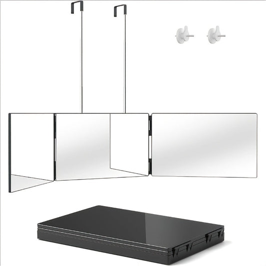 Folding 3 Way Mirror for Hair Cutting 360° View HD Glass, Three-Sided Barber Mirror Adjustable Height Telescopic Door Hook Wall Mount USB Powered, Self Haircut Mirror for Men Women Shaving Beard Makeup