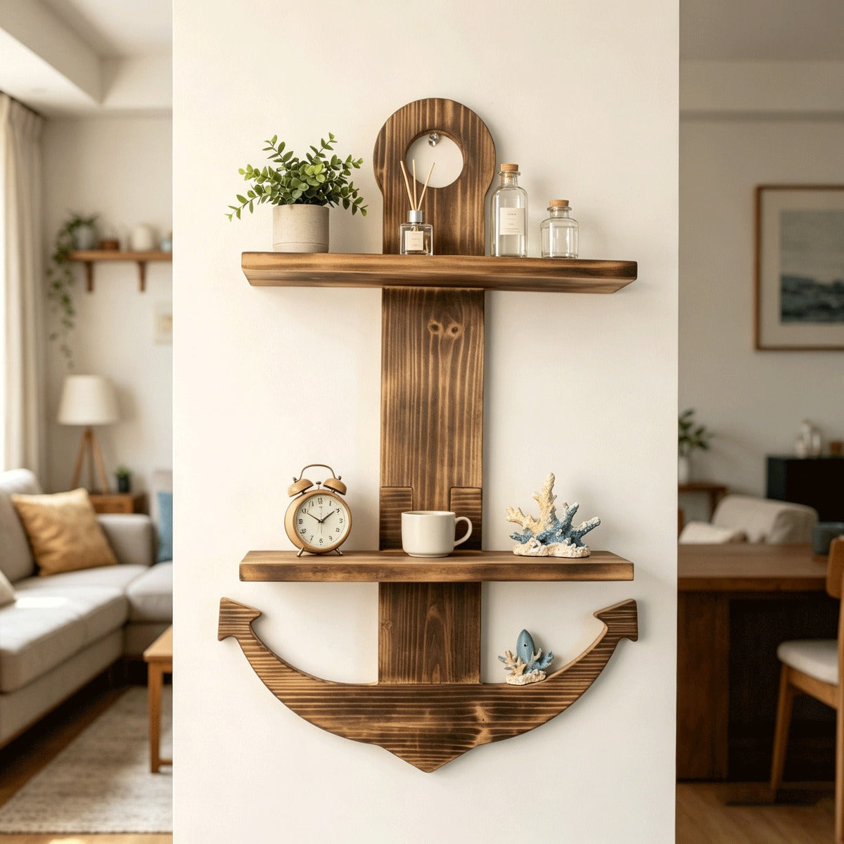 Floating Wall Shelves Solid Wood 2-Tier Nautical Anchor Shelf Handcrafted Heavy Duty Wall Mounted Organizer for Bedroom Living Room Bathroom Lake House