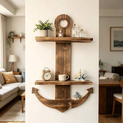 Floating Wall Shelves Solid Wood 2-Tier Nautical Anchor Shelf Handcrafted Heavy Duty Wall Mounted Organizer for Bedroom Living Room Bathroom Lake House