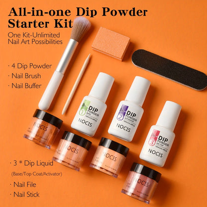 Dip Powder Nail Kit with NOCIS Label, Four Orange Brown Glitter Powders, Three 10ml Liquids and Four Tools