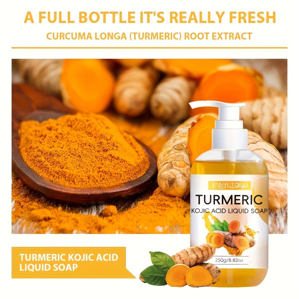 Turmeric and Kojic Acid Liquid Body Wash in a 250g Amber Pump Bottle with Single-Piece Option