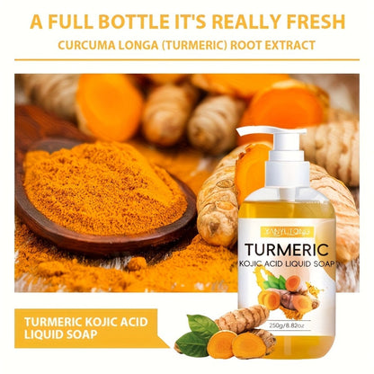 Turmeric and Kojic Acid Liquid Body Wash in a 250g Amber Pump Bottle with Single-Piece Option