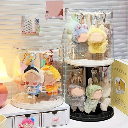 LABUBU Display Case 360 Rotating Acrylic Box with Dust Cover – Plush Toy Figure Storage Case Multi-Layer Hanging Rack for Collectible Figures Blind Box Anime, Black or White
