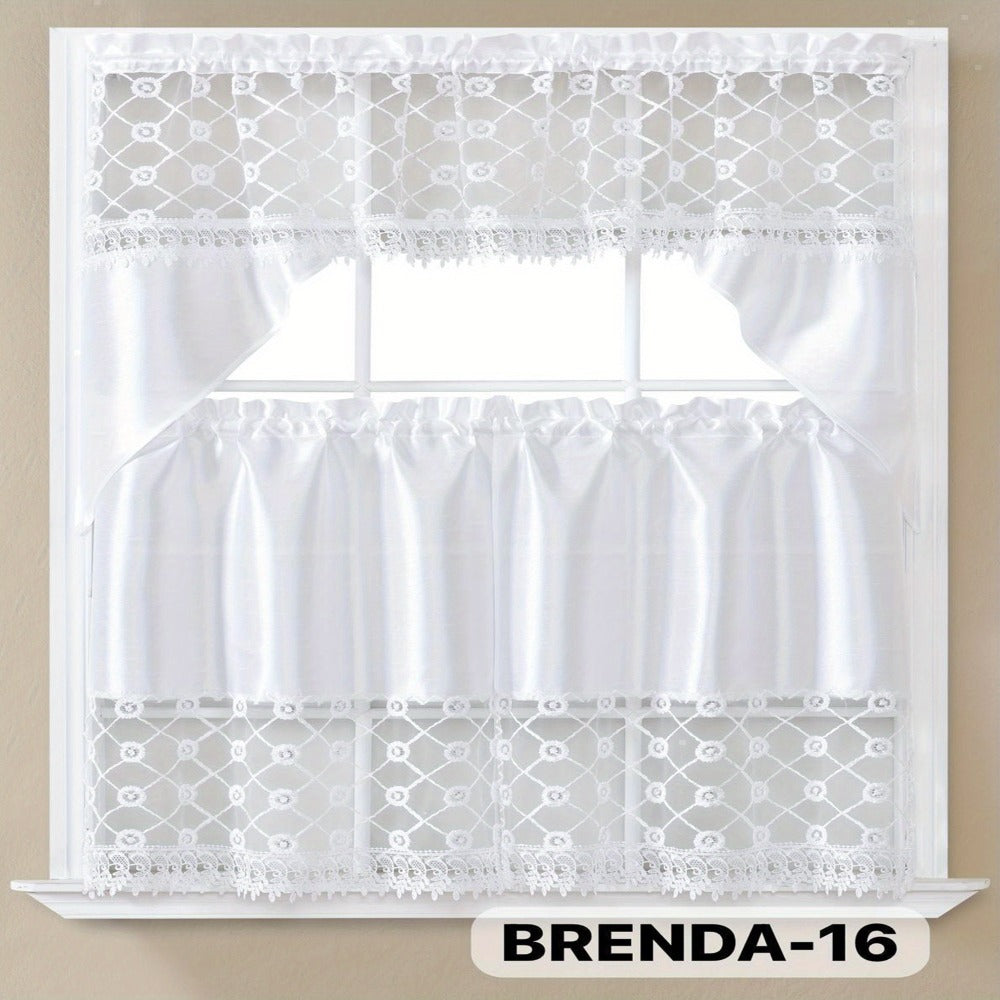Three-Piece Patterned Kitchen Curtain Set with One Valance, Two Tiers and Forty-Six Exact Design Options