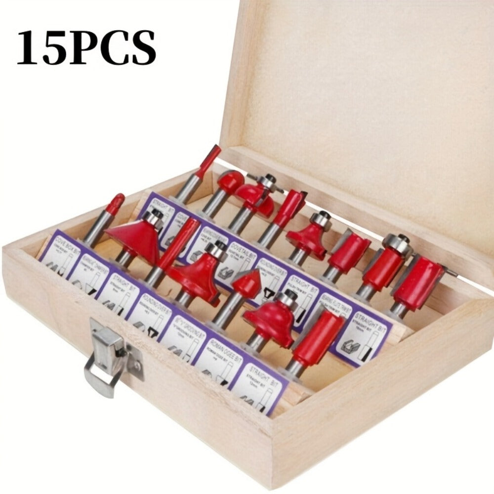 Carbide Router Bit Set with 1/4-Inch Shanks in 15- or 100-Piece Woodworking Case Configurations