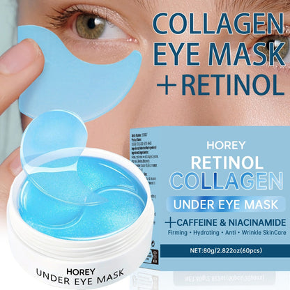 HOREY Blue Under-Eye Patch Jar with 60 Pieces and Retinol, Collagen, Caffeine and Niacinamide Package Wording