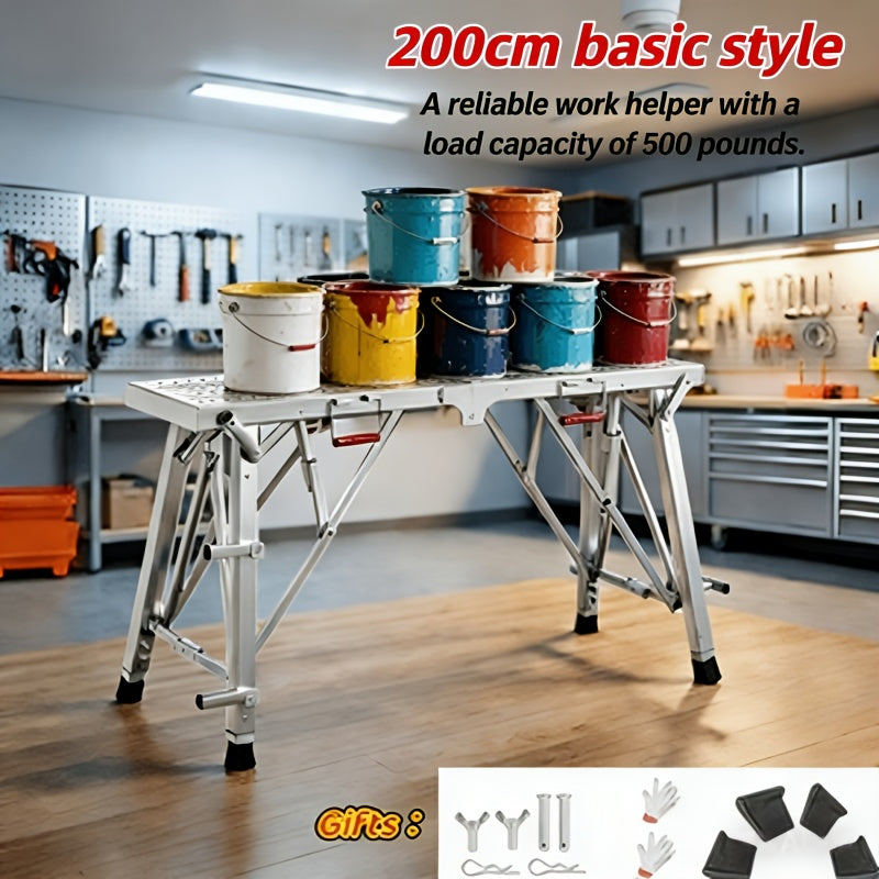 Aluminum Work Platform Height Adjustable Folding Portable Scaffold Bench Wide Base Safety Railing for Home Renovation RV Cleaning Window Painting 3 Sizes