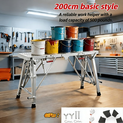 Aluminum Work Platform Height Adjustable Folding Portable Scaffold Bench Wide Base Safety Railing for Home Renovation RV Cleaning Window Painting 3 Sizes