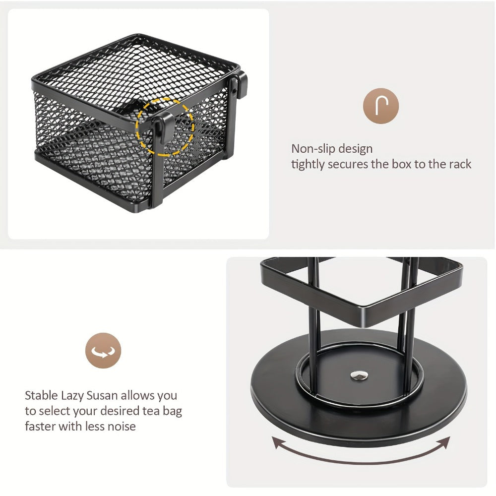 Eight-Basket Rotating Tea Bag Organizer with Black Mesh Carousel, 9.4-Inch Height and 4.5-Inch Base