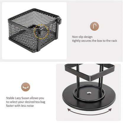 Eight-Basket Rotating Tea Bag Organizer with Black Mesh Carousel, 9.4-Inch Height and 4.5-Inch Base