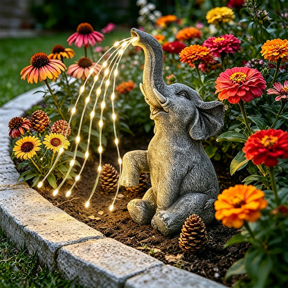 Solar Garden Light Elephant Sculpture with LED Water-Spray Effect, IP44 Rating and Freestanding Display