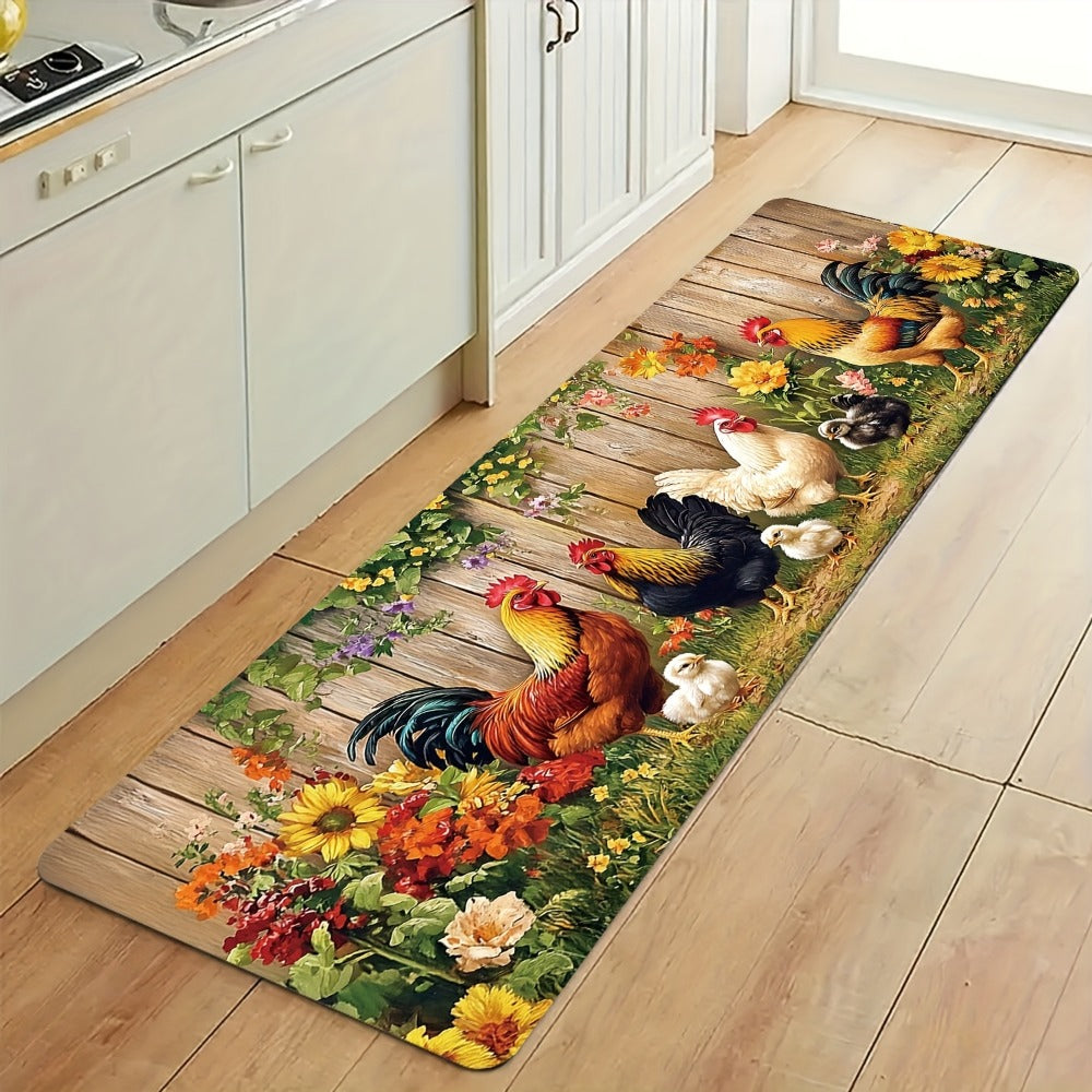 Rooster Farmhouse Kitchen Rugs in Round, Runner and 1- to 4-Piece Mat Set Size Options for Floors