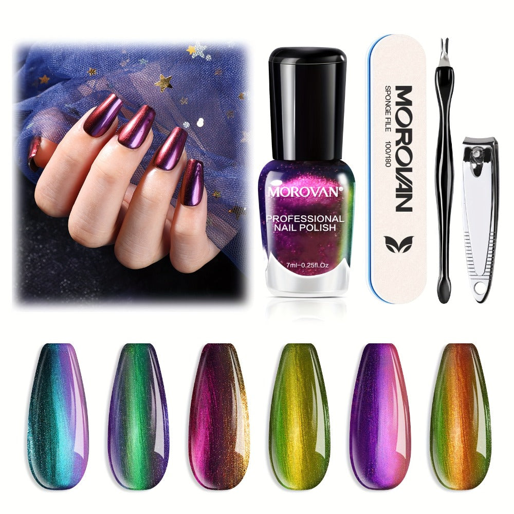 Six-Piece Holographic Nail Polish Set with Metallic Rainbow Shimmer Shades in 0.25 oz Air-Dry Bottles