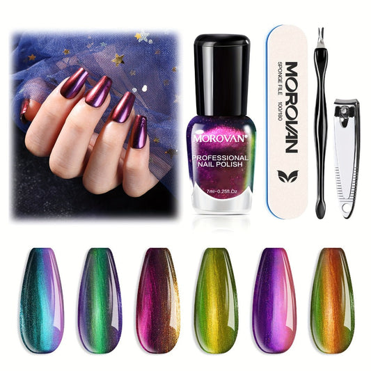 Holographic Nail Polish Set 6pcs Air Dry No UV Lamp – Metallic Glitter Rainbow Shimmer Lacquer 0.25oz, Finger & Toenail Polish Kit, Nail Art Gift Set for Women Girls by Morovan