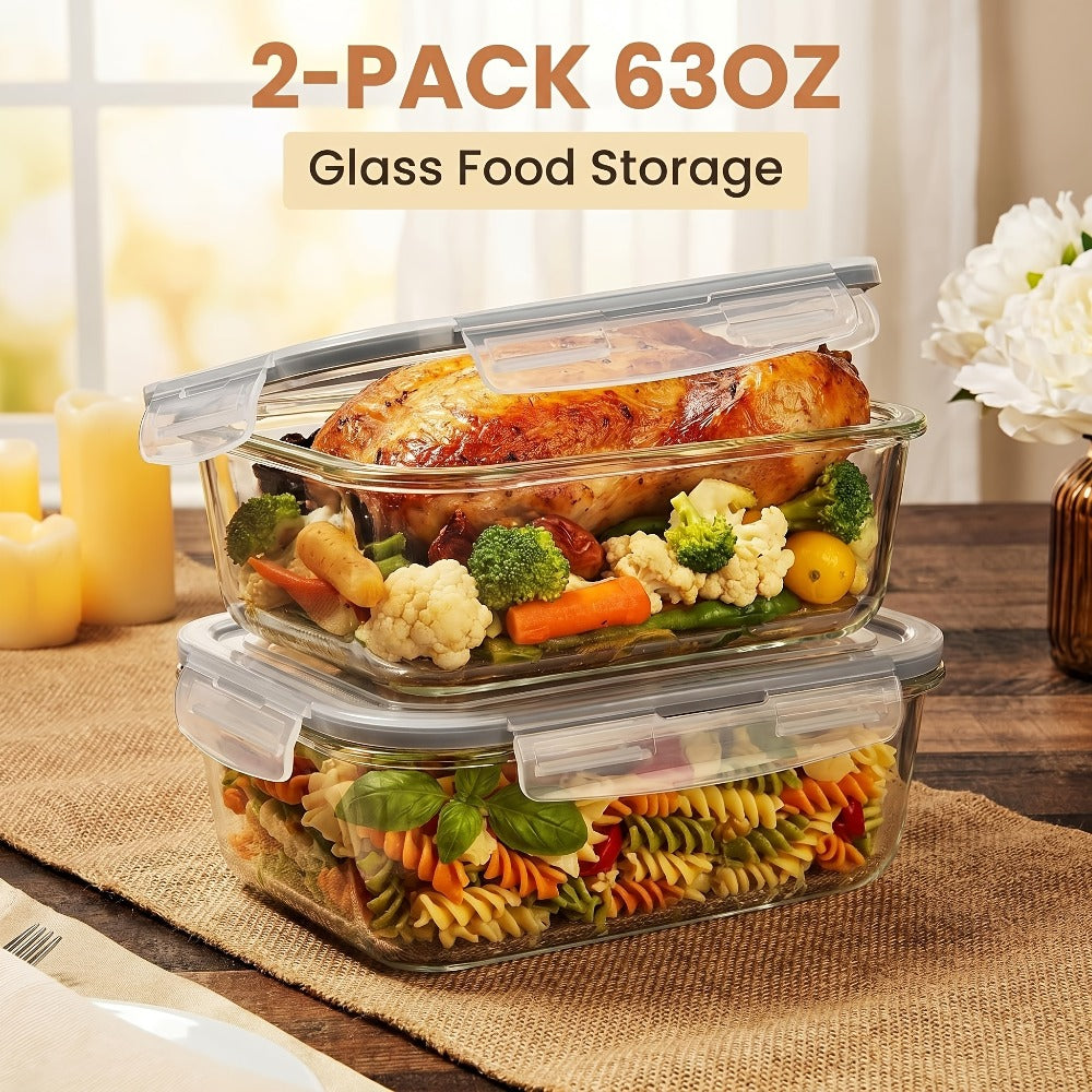 Glass Food Storage Containers with Lids 2 Pack – 63oz Large Airtight Snap Lock Meal Prep Containers, Leak Proof Glass Dish with Lid for Oven, Microwave & Refrigerator, Food Transport Tubs