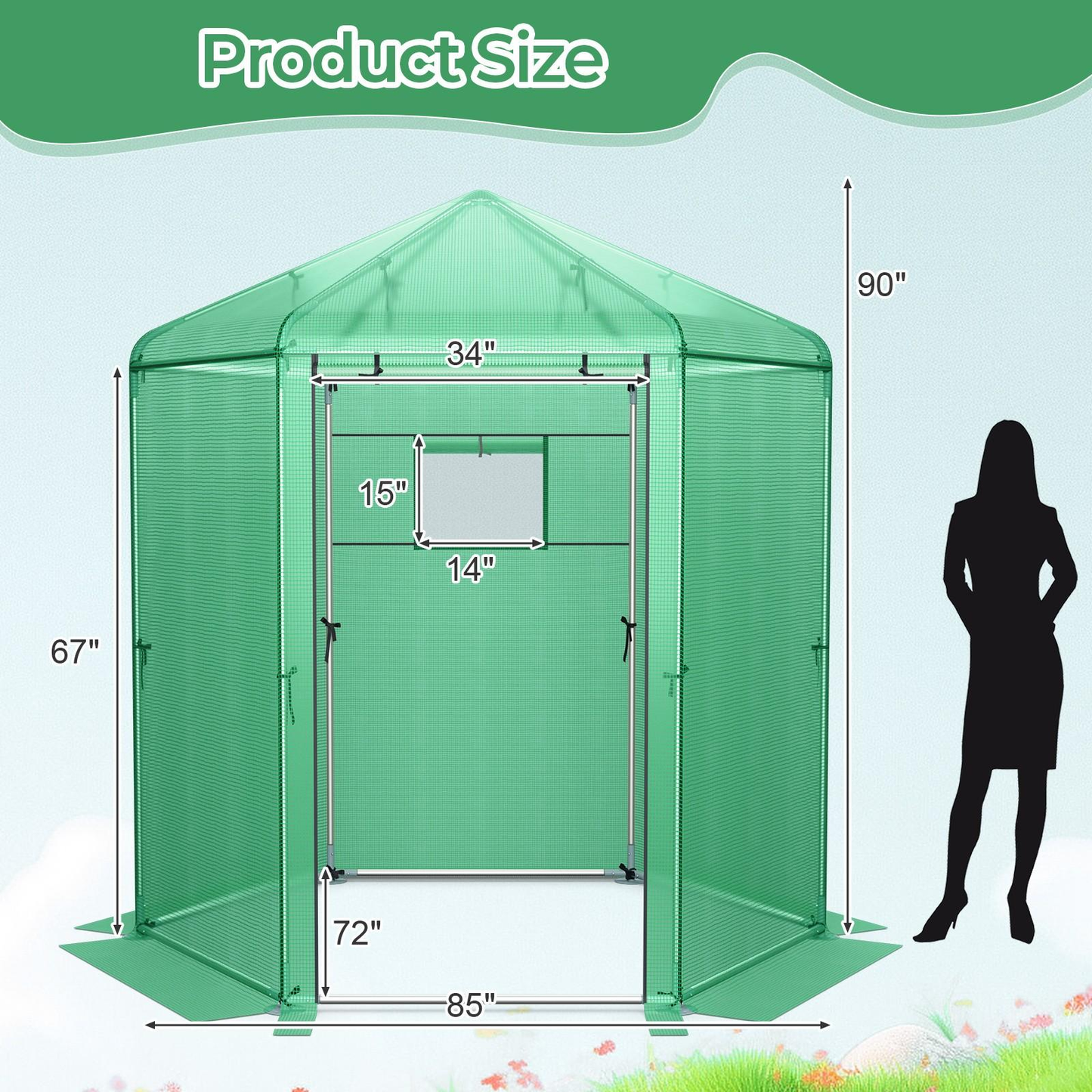 85 x 72 x 90-Inch Walk-In Greenhouse with Green Grid Cover, Roll-Up Door, Mesh Window and Six Ground Stakes