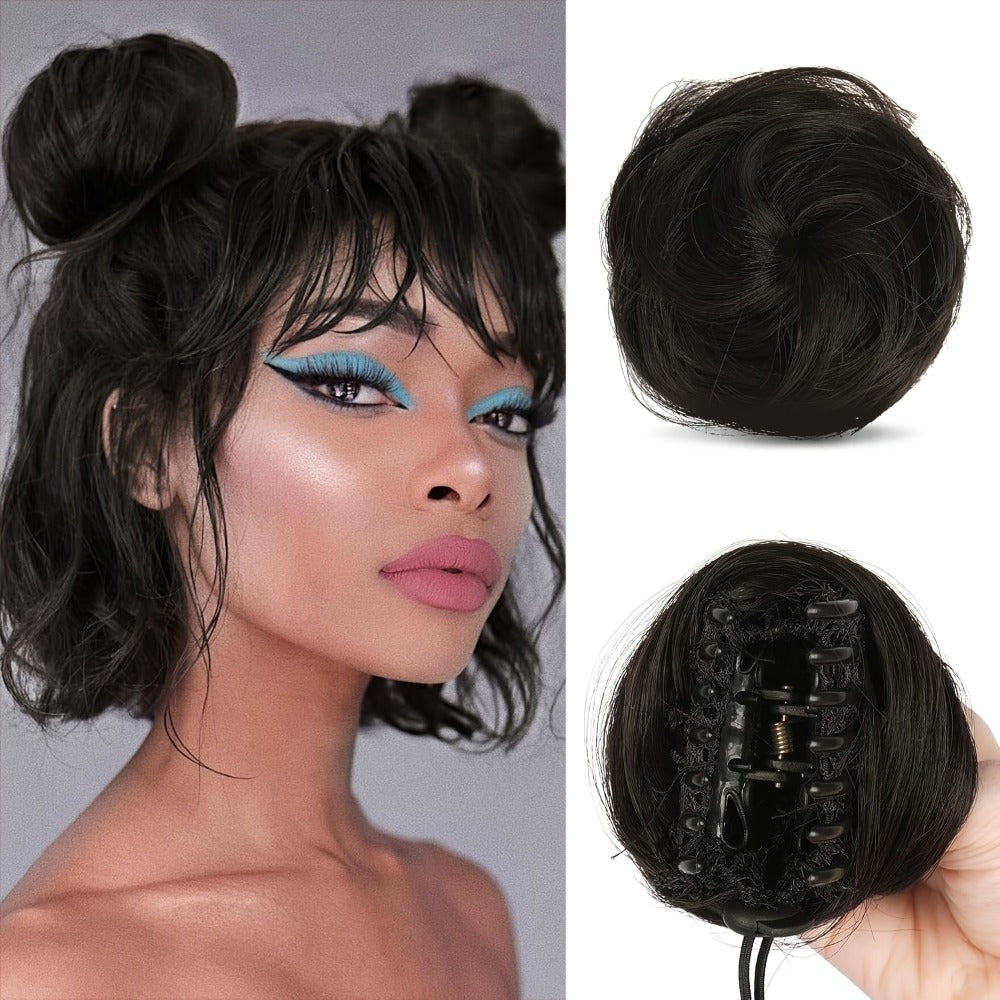 Mini Donut Bun Hairpiece with Cat Ears Claw Clip Messy Bun Synthetic Fiber Instant Updo – 2 Pcs Set for Women Girls All Hair Types Natural Black Brown Blonde 4 Inch