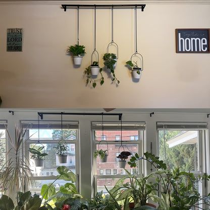 Adjustable Black Metal Hanging Plant Rack with Four Pot Holders for Wall or Window Display