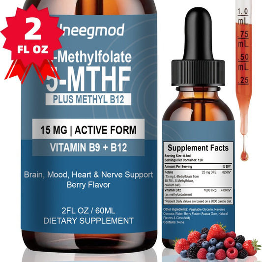 L-Methylfolate 15mg Liquid Drops 2fl oz with Methylated B12, Active 5-MTHF for Brain, Heart & Nervous System Health, MTHFR Support, Gluten Free Berry Flavour for Men & Women