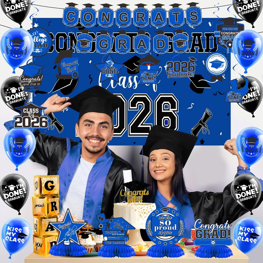 Party Decorations Class of 2026 Graduation Set with Backdrop, Banner, Swirls and Table Pieces in Five Colors