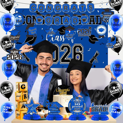 Party Decorations Class of 2026 Graduation Set with Backdrop, Banner, Swirls and Table Pieces in Five Colors