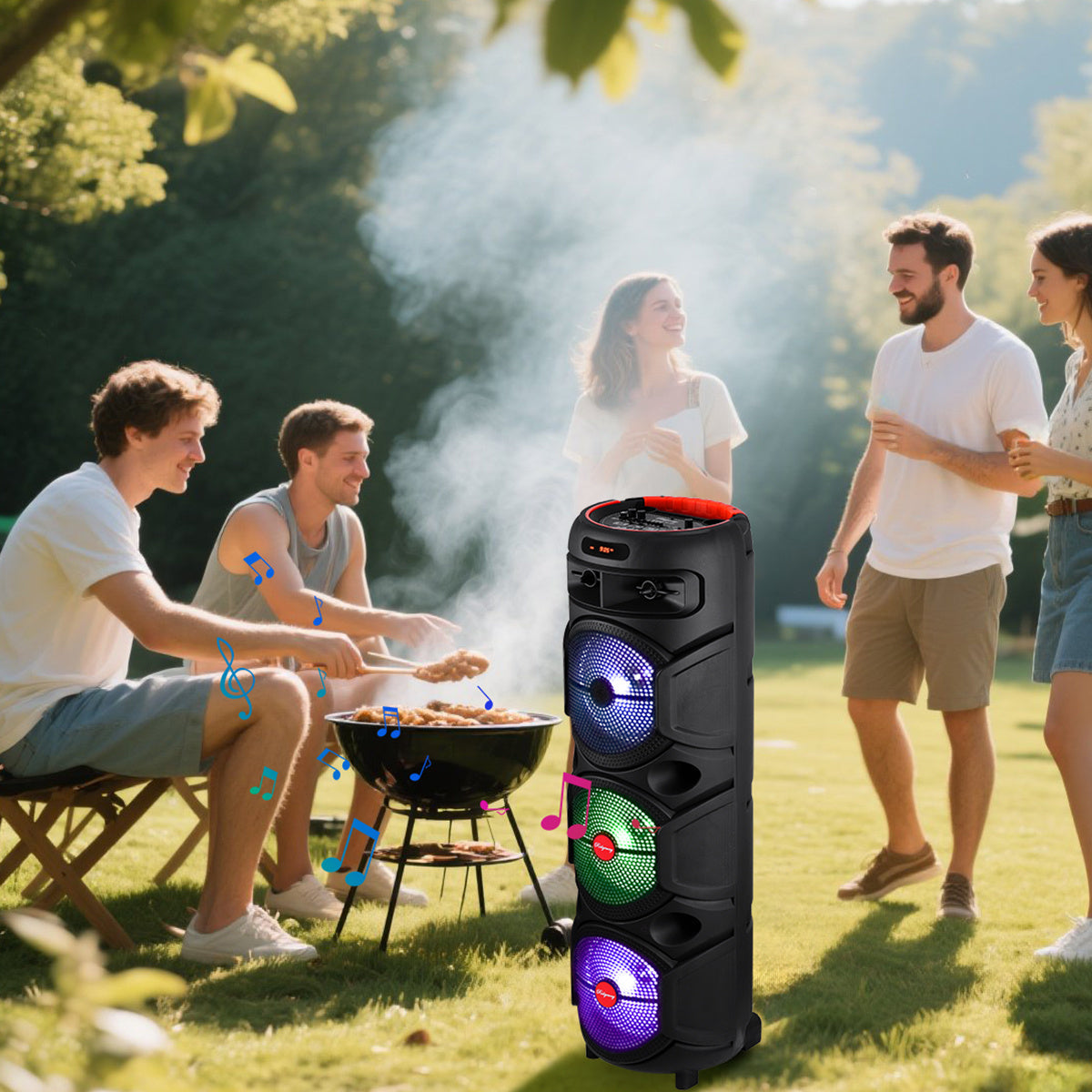 Triple 8-Inch Subwoofer PA Party Speaker with Wireless Stereo Pairing, LED Color Lights, FM Radio, USB & TF Playback, Wired Mic, Home Theater Sound System for Parties, Outdoors & Events