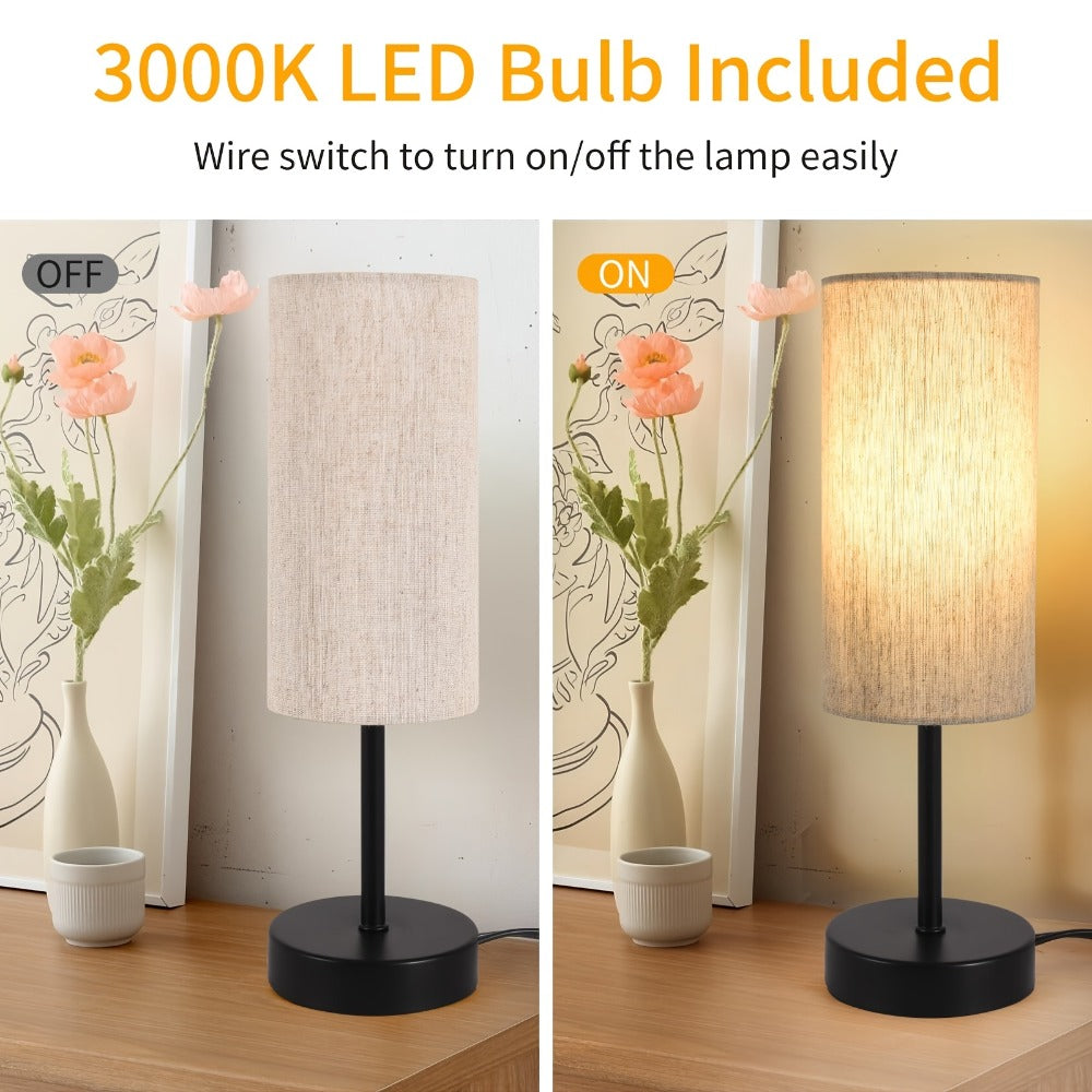 Table Lamp Set of Two with Linen Drum Shades, Cord Switches, 5W 3000K LED Bulbs and Two Color Options
