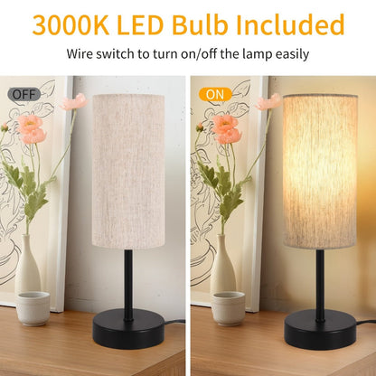 Table Lamp Set of Two with Linen Drum Shades, Cord Switches, 5W 3000K LED Bulbs and Two Color Options