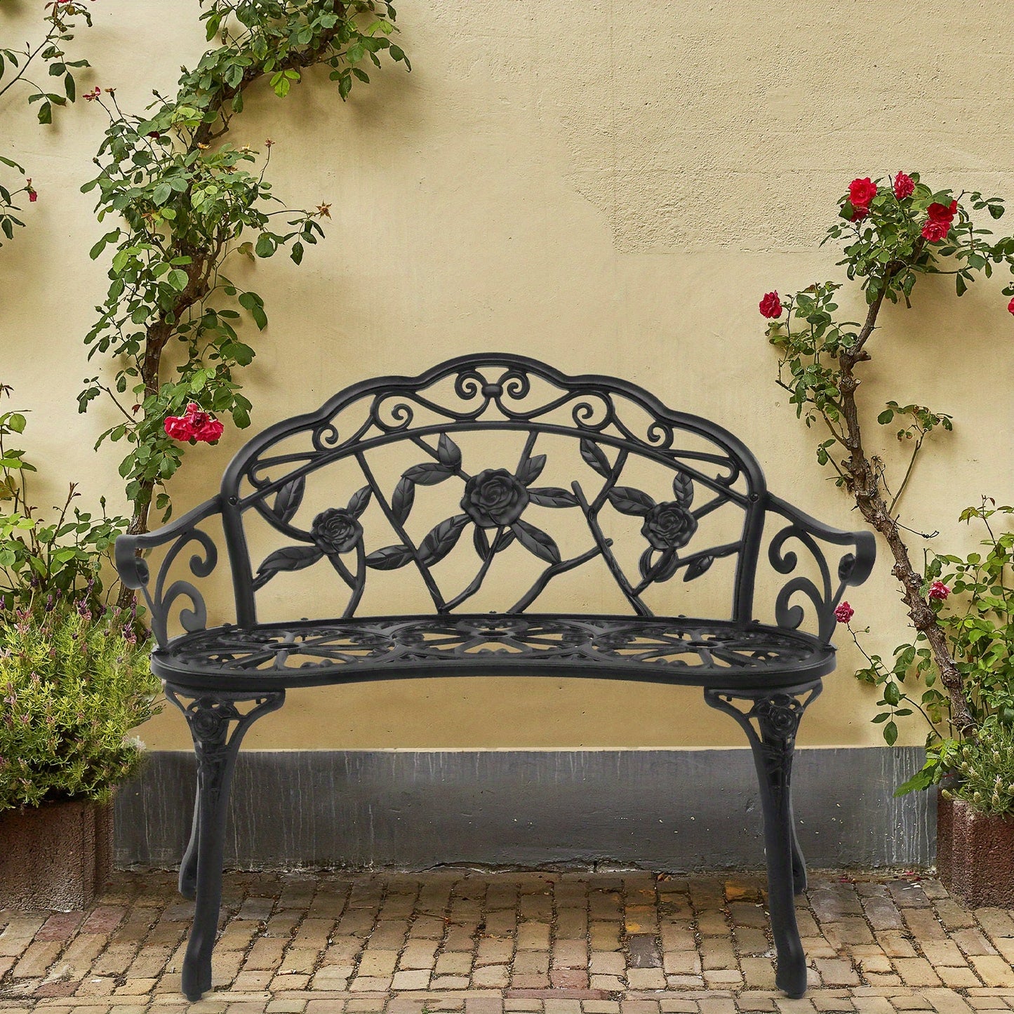 Floral Metal Outdoor Bench with 38.5in Rose-Pattern Seat and Back, Curved Arms and Four Color Options
