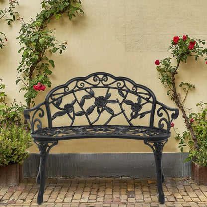 Floral Metal Outdoor Bench with 38.5in Rose-Pattern Seat and Back, Curved Arms and Four Color Options